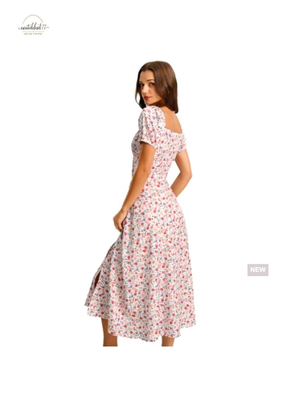 Summer Midi Dress Adjustable Bust Square Neck Floral A-Line - Picture 3 of 7